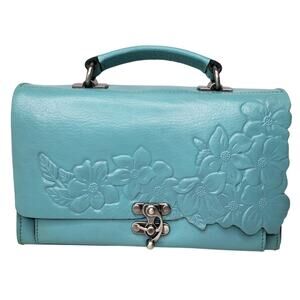 Patricia Nash Charonne Satchel Handbag Crossbody Purse Tooled Leather Aqua Blue